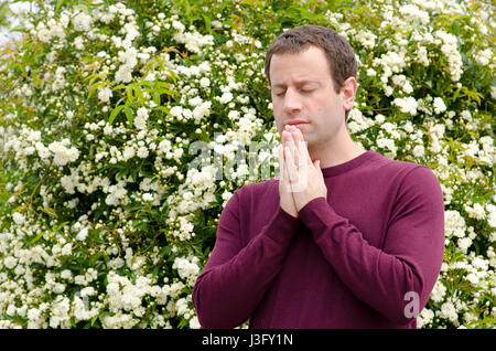 Seitenansicht der Mann, der betet vor einem blühenden Strauch. Stockfoto