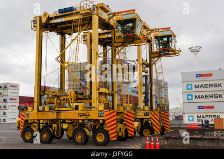 Zwei straddle Carrier, die Lasten Container auf einem LKW oder Schiff, Hafen von Auckland, Quay Street, Auckland, Neuseeland Stockfoto