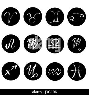 Satz von Zeichen des Tierkreises Symbole. Handgemachte gezeichneten Elemente mit trockenem Pinsel. Symbole der Sternzeichen-Horoskop. Schwarze und weiße Vektor-illustration Stock Vektor