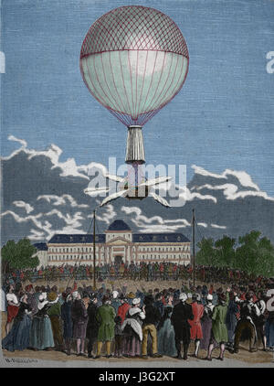 Die erste erfolgreiche Ballonfahrt von Jean-Pierre Francois Flanchard (1753-1809). Wasserstoff-Gas-Lauched aus dem Champ de Mars, Paris, Frankreich, 2. März Stockfoto