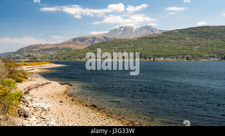 Ben Nevis-Berg und der Stadt Fort William stehen am Ufer des Loch Linnhe, einen Meeresarm in den westlichen Highlands von Schottland. Stockfoto