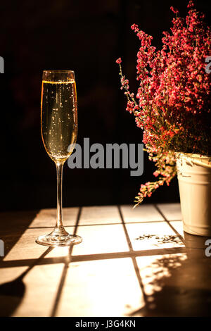 Vertikale Schuss Champagner Glas neben dem Blumentopf auf einem Holztisch platziert. Stockfoto