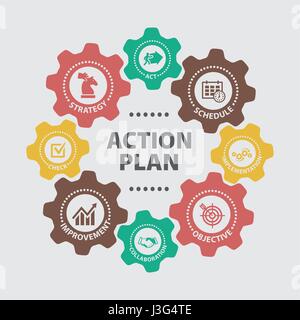 AKTIONSPLAN. Konzept mit Symbolen. Stock Vektor