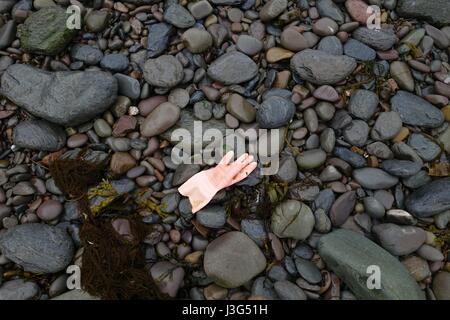 Gummihandschuh an Strand gespült Stockfoto