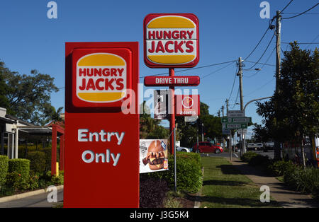 Brisbane, Australien: Schilder am Hungry Jacks Fastfood, Burger outlet Stockfoto