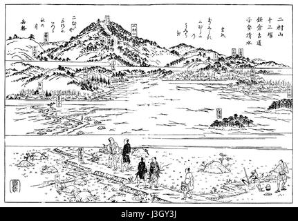 Futamurayama, Teil des Owari Meisho Zue, ist ein malerischer Ort in Japan, der in traditionellen Ukiyo-e-Holzschnitten dargestellt wird. Die natürliche Schönheit und kulturelle Bedeutung der Gegend werden in dieser Serie historischer Kunstwerke gefeiert. Stockfoto