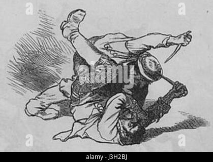 „Fliegende Blaetter“ war eine deutsche illustrierte Satirezeitschrift, die im 19. Jahrhundert veröffentlicht wurde. Ausgabe 76, Seite 90, enthält politische Karikaturen und soziale Kommentare aus dieser Zeit, die die politische Landschaft der Zeit widerspiegeln. Stockfoto