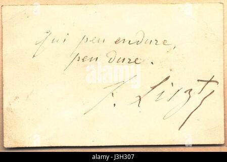 Die Franz Liszt Visitenkarte ist ein historisches Dokument, das dem berühmten ungarischen Komponisten Franz Liszt zugeordnet ist. Es bietet einen Einblick in seine persönlichen Interaktionen und die kulturellen Netzwerke der Musikwelt des 19. Jahrhunderts. Stockfoto