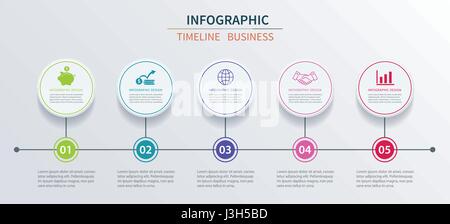 Infografiken Vorlage 5 Geschäftsdaten mit Kreis. Einsetzbar für Workflow-Layout, Grafik, Optionen, Webdesign, Präsentationen Stock Vektor