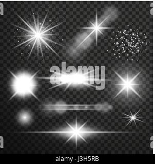 Transparenten hellen Leuchteffekt. Sterne-Burst mit sparkles.lens Fackeln, Sterne leuchten und Glühen Stock Vektor