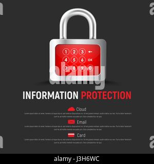 Vorlage eines quadratischen schwarzen Web Banners mit einem Vorhängeschloss und ein digitales Display für die Eingabe der PIN-Code. Design für den Schutz der Cloud, e-Mail- und Bank-Karten Stock Vektor