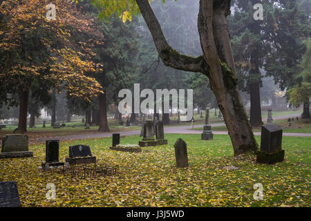 Alten Pioneer Cemetery und Grabsteine im Nebel Stockfoto