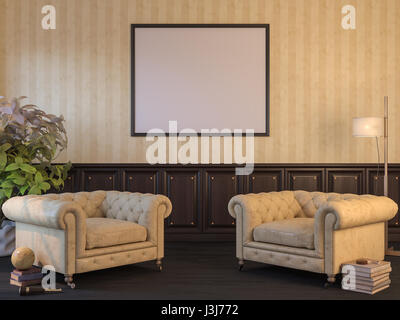3D Abbildung des Innenraumes mock-up mit einem Poster an der Wand. Interior Design im klassischen Stil mit zwei Sesseln, einer großen Blüte und ein Stock-la Stockfoto