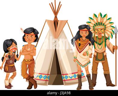 Die amerikanischen Ureinwohner stehend durch die Tipi-Illustration Stock Vektor