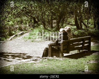 Älteres Ehepaar auf Parkbank in der Sonne sitzen Stockfoto