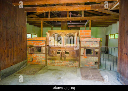 Dachau, Deutschland - 30. Juli 2015: Steinöfen innen das alte Krematorium Gebäude zeigen die grausame Realität des Geschehenen in Konzentrationslagern. Stockfoto