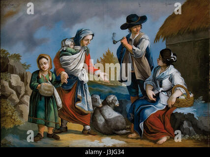 Das Hinterglasbild „Hirtenszene“ ist ein traditionelles, gemaltes Glasstück, das eine Pastoralszene darstellt und das ländliche Leben und die künstlerischen Techniken Mitteleuropas widerspiegelt. Stockfoto