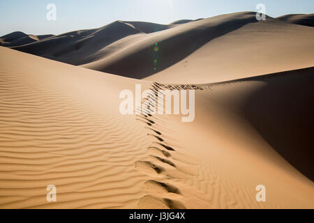 Liwa-Oase, Abu Dhabi, Vereinigte Arabische Emirate-, Spuren in den Sanddünen in der Wüste The Empty Quarter (Rub' al Khali) von der arabischen Halbinsel ist Stockfoto