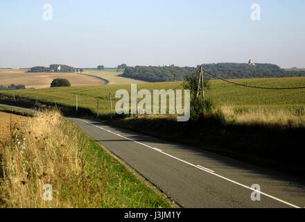 AJAXNETPHOTO. THIEPVAL, FRANKREICH. -ULSTER TURM - NATIONAL WAR MEMORIAL OF NORTHERN IRELAND STEHT AUF WAS DIE DEUTSCHE FRONTLINIE WÄHREND DER SCHLACHT AN DER SOMME 1916 WAR, GESEHEN AUF DER LINKEN SEITE, WÄHREND AUF DER RECHTEN SEITE DIE THIEPVAL-DENKMAL, DAS FEHLT DIE LANDSCHAFT ÜBERRAGT.  FOTO: JONATHAN EASTLAND/AJAX REF: D132409 3659 Stockfoto