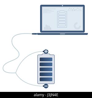 Akku an einen Laptop über ein USB-Kabel angeschlossen. Gliederung des Busses und Grafiken auf dem Computermonitor angezeigt wird. Flaches Design. Isoliert. Stock Vektor