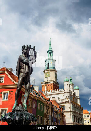 Polen, Großpolen, Poznan, Altstadt, Marktplatz, Brunnen von Apollo und Rathaus Stockfoto