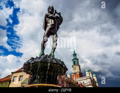 Polen, Großpolen, Poznan, Altstadt, Marktplatz, Brunnen von Apollo und Rathaus Stockfoto