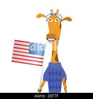 Ein Giraffe-Mann hält eine amerikanische Flagge. Darstellung des Kindes. Illustration für Ihr Design. Fourth Of July. Tag der Unabhängigkeit. USA Stock Vektor