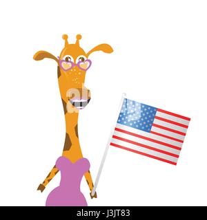 Giraffen-Mädchen hält eine amerikanische Flagge. Darstellung des Kindes. Illustration für Ihr Design. Fourth Of July. Tag der Unabhängigkeit. USA Stock Vektor