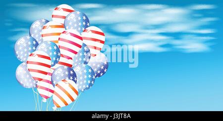 Flagge der Amerika auf Ballons fliegen bis in den Himmel. Illustration für Ihr Design. Fourth Of July. Tag der Unabhängigkeit. USA Stock Vektor