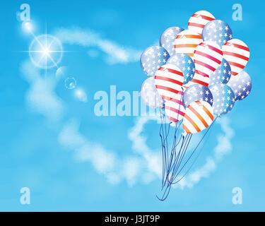 Luftballon Flagge amerikanische auf einem festlichen Himmel mit Wolken in der Form eines Herzens Patrioten. Illustration für Ihr Design. Fourth Of July. Tag der indep Stock Vektor