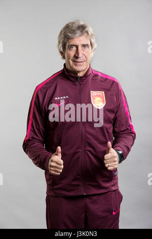 Porträt des Kopfes Trainer Manuel Pellegrini von Hebei China Fortune F.C. für die 2017 Chinese Football Association Super League, in Marbella, Andalusien, Spanien, 17. Februar 2017. Stockfoto