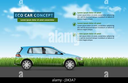 Öko-Auto-Konzept. Fließheck Höhenplan auf dem Rasen und Himmel Hintergrund. Stock Vektor