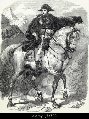 Napoleon überquert die Alpen. Frühling des Jahres 1800. 19.. Jahrhundert. Gravur auf ein Painting von Jacques inspiriert. Stockfoto