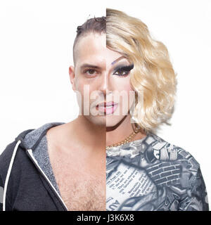 Drag-Queen vor und nach dem make-up Stockfoto