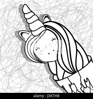 schöne Hand gezeichneten Kopf Einhorn mit langer Mähne Stock Vektor