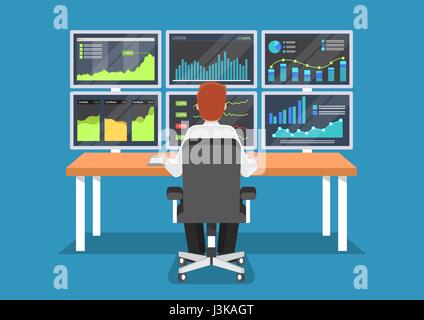 Geschäftsmann oder Aktienmarkt Händler arbeiten am Schreibtisch mit sechs Monitor zeigt Daten. Stock Vektor