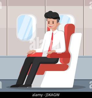 Geschäftsmann Charakter sitzen und entspannen Sie sich in Business-Class-Sitz im Flugzeug. Stock Vektor