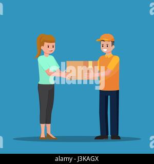 Lieferung Mann reichte ein Paket an Frau Kunden. Lieferung frei Haus-Service-Konzept. Stock Vektor