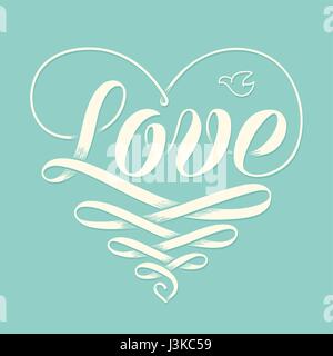 Handschrift Love in Heart mit Gravurband und Taube der alten Schule Stock Vektor