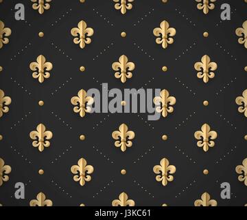 Nahtloses Goldmuster mit Fleur-de-Lys auf dunklem schwarzem Hintergrund. Stock Vektor