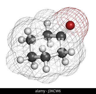 Cyclohexanon organisches Lösungsmittel Molekül. Vorläufer des Nylon Atome werden als Kugeln mit konventionellen Farbkodierung dargestellt: Wasserstoff (weiß), Kohlenstoff () Stockfoto