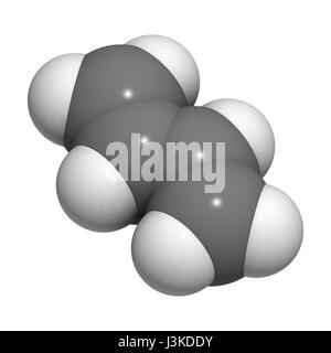 Butadien (1,3-Butadien), der Baustein von ABS Kunststoff und Polybutadien synthetischem Kautschuk. Atome sind als Kugeln mit herkömmlichen co vertreten. Stockfoto