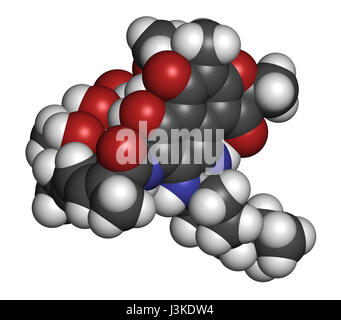 Rifabutin Tuberkulose Wirkstoffmolekül. Atome sind als Kugeln mit konventionellen Farbcodierung vertreten: Wasserstoff (weiß), Kohlenstoff (grau), Sauerstoff (rot), Stockfoto