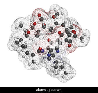 Rifabutin Tuberkulose Wirkstoffmolekül. Atome sind als Kugeln mit konventionellen Farbcodierung vertreten: Wasserstoff (weiß), Kohlenstoff (grau), Sauerstoff (rot), Stockfoto
