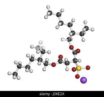 Docusat Natrium (Dioctyl Natrium Sulfosuccinate) Hocker Weichspüler Wirkstoffmolekül (Abführmittel). Atome sind als Kugeln mit herkömmlichen Farbe Codi vertreten. Stockfoto