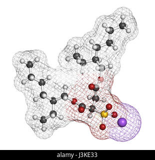 Docusat Natrium (Dioctyl Natrium Sulfosuccinate) Hocker Weichspüler Wirkstoffmolekül (Abführmittel). Atome sind als Kugeln mit herkömmlichen Farbe Codi vertreten. Stockfoto