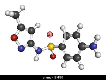 Sulfamethoxazole Antibiotika Wirkstoffmolekül (Sulfonamide Klasse). Allgemein zur Behandlung von Infektionen der Harnwege. Atome sind als Kugeln mit vertreten. Stockfoto