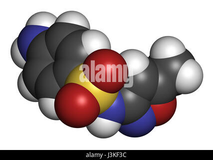 Sulfamethoxazole Antibiotika Wirkstoffmolekül (Sulfonamide Klasse). Allgemein zur Behandlung von Infektionen der Harnwege. Atome sind als Kugeln mit vertreten. Stockfoto