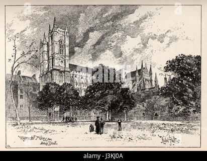 Herbert Railtons Darstellung der Westminster Abbey von Dean's Yard bietet eine einzigartige Perspektive auf dieses berühmte Londoner Wahrzeichen und veranschaulicht sowohl architektonische Details als auch historische Zusammenhänge. Stockfoto