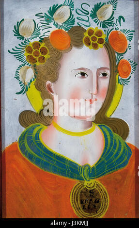 *Hinterglasbild* die Heilige Rosalia aus dem 19. Jahrhundert in Kaiserswalde zeigt die heilige in traditioneller deutscher Volkskunst. Das Stück ist Teil des kulturellen Erbes der Region und spiegelt die religiöse Hingabe der Zeit wider. Stockfoto